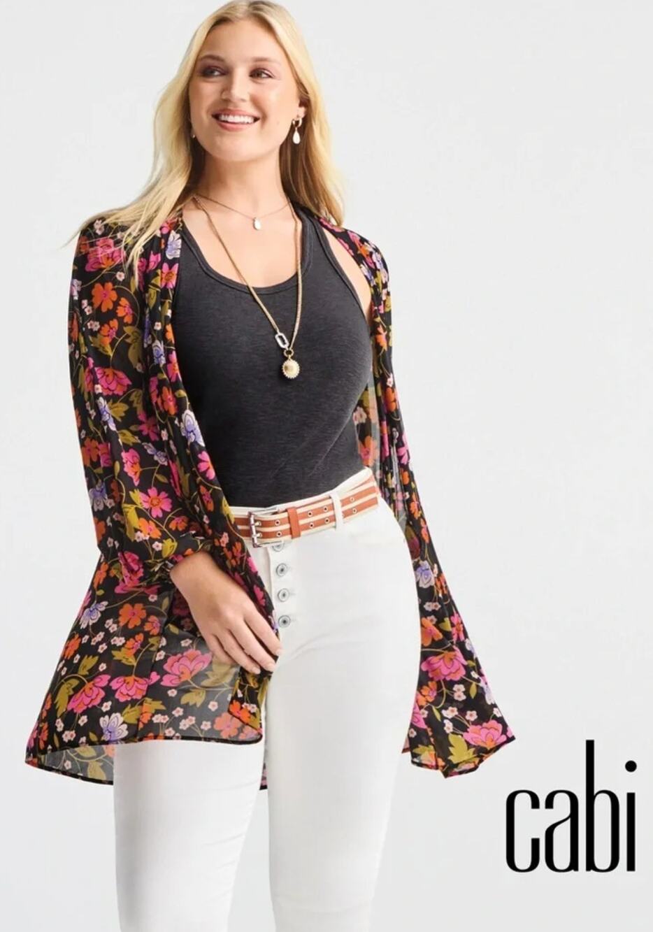 Cabi Mingle Kimono Top Medium Black Sheer Mesh Cover-Up Floral Balloon Sleeve